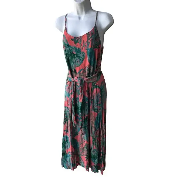 Cynthia Rowley Coral and Green Crinkle Fabric Slip Dress with Side Ties size 12 - Picture 6 of 10